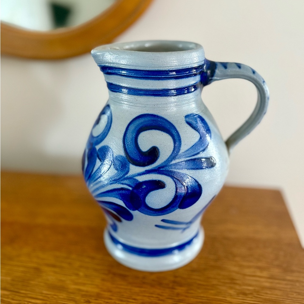 Handcrafted German Salt Glazed Blue and Gray Ceramic Pitcher